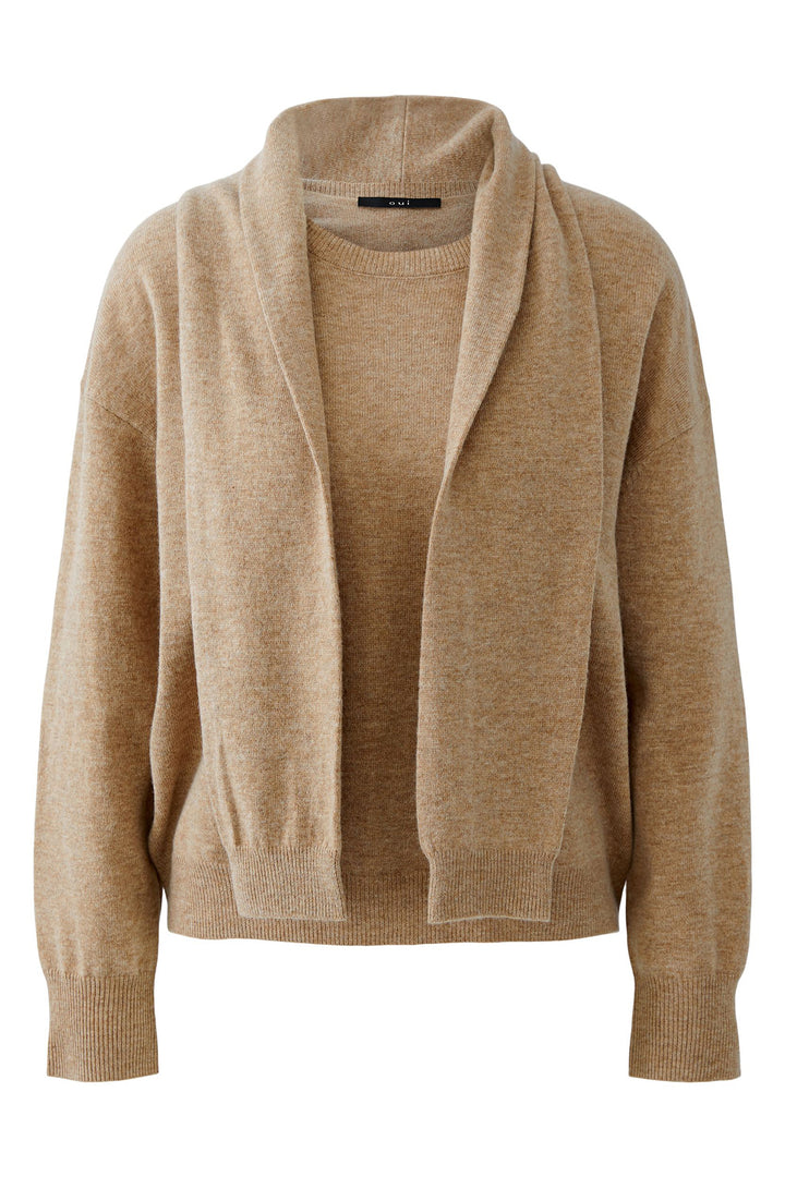 Oui 92244 Beige Melange Scarf Neck Jumper 7459 - Olivia Grace Fashion