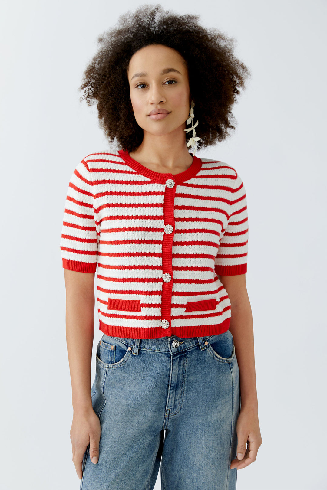 Oui 93583 White Red Stripe Cardigan 0103 - Olivia Grace Fashion