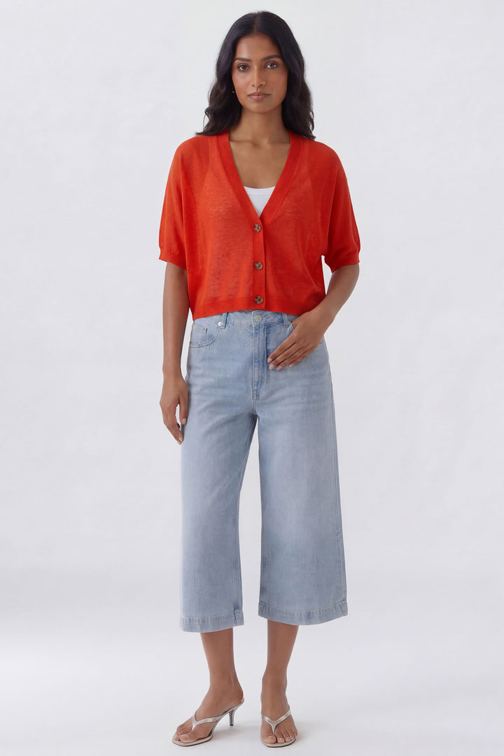 Oui 93592 Red Alert Fine Knit Short Sleeve Cardigan
