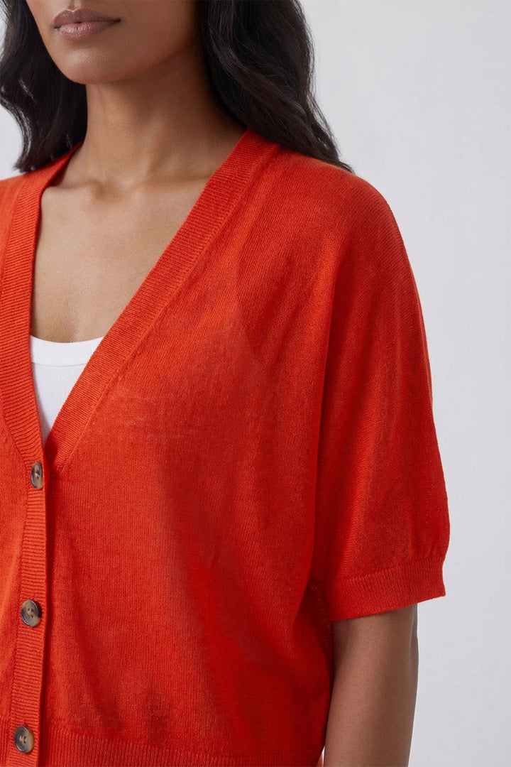Oui 93592 Red Alert Fine Knit Short Sleeve Cardigan
