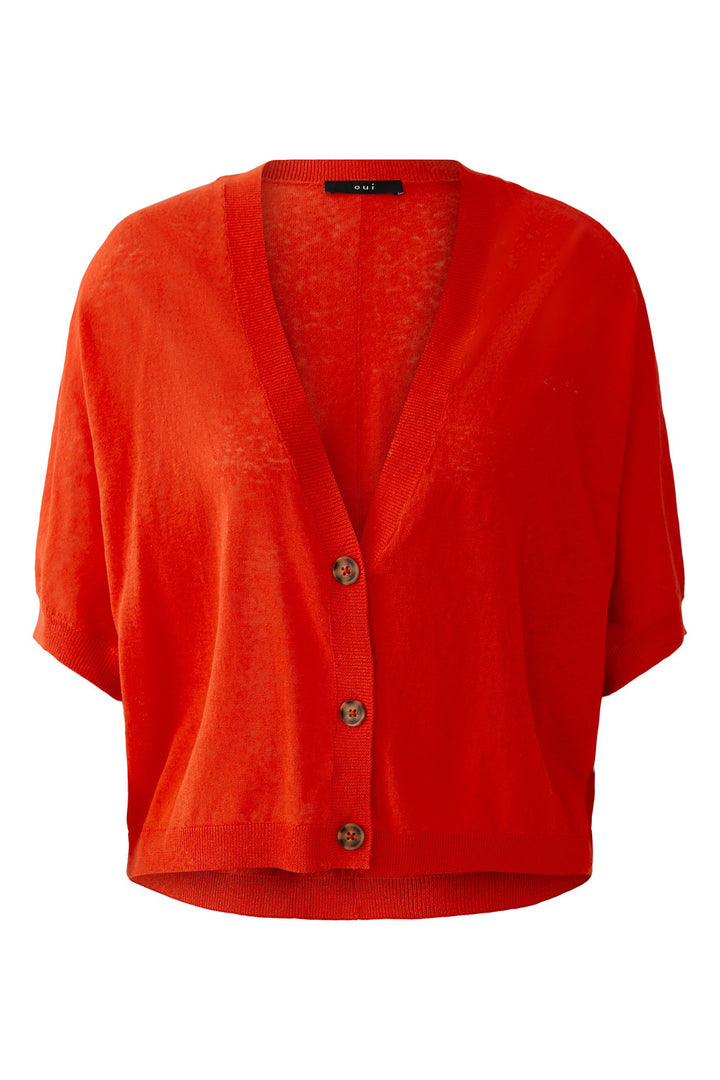 Oui 93592 Red Alert Fine Knit Short Sleeve Cardigan