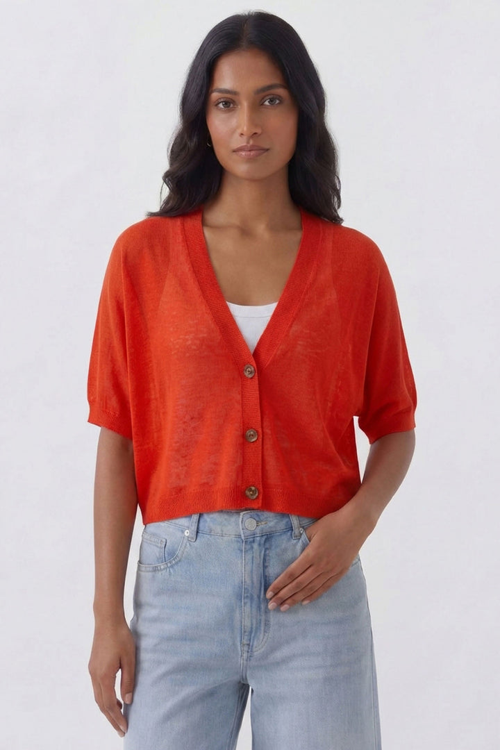 Oui 93592 Red Alert Fine Knit Short Sleeve Cardigan