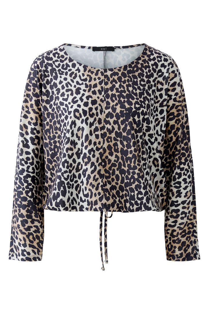 Leopard print top with a tie detail on a white background