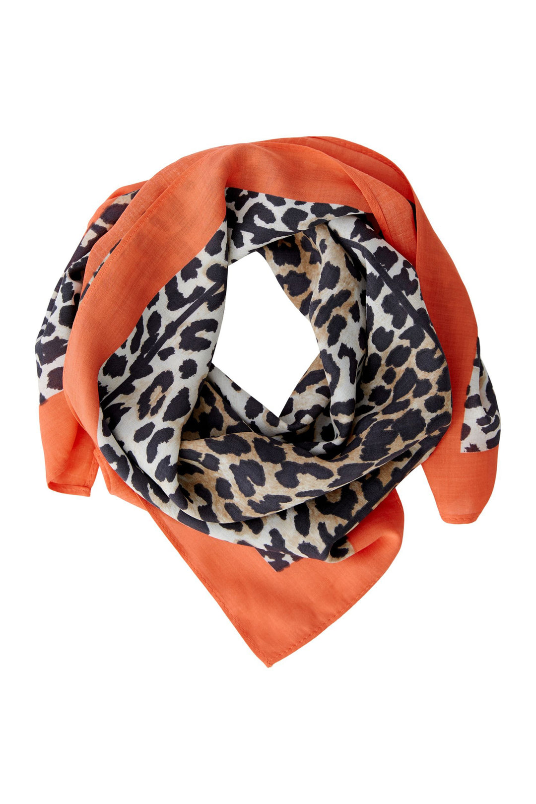 Leopard print scarf with orange border on a white background