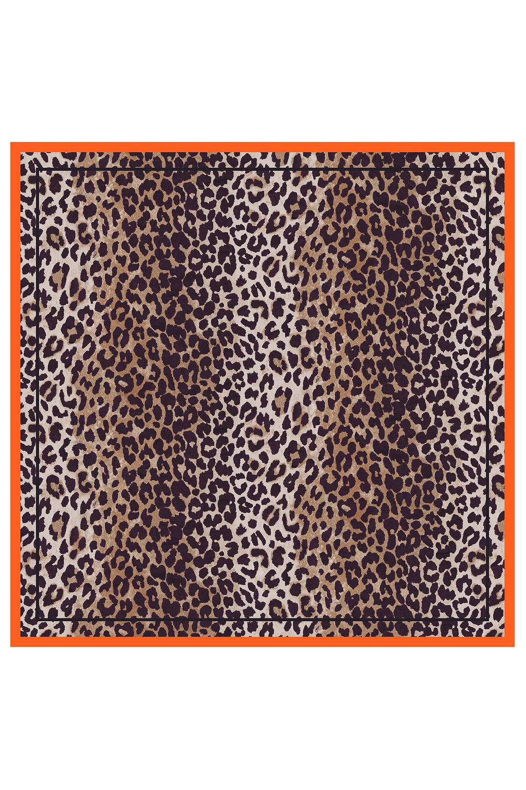 Rug with leopard print pattern and orange border on a white background