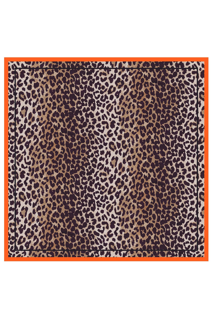 Rug with leopard print pattern and orange border on a white background