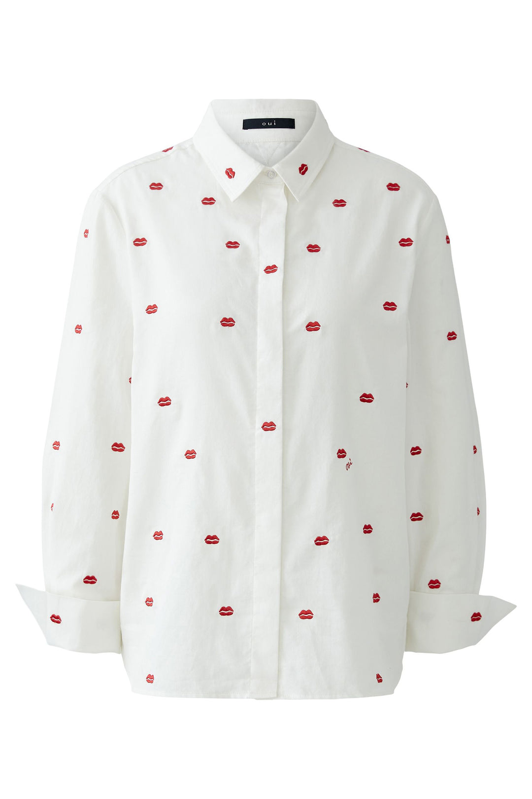 White shirt with red pattern on a white background