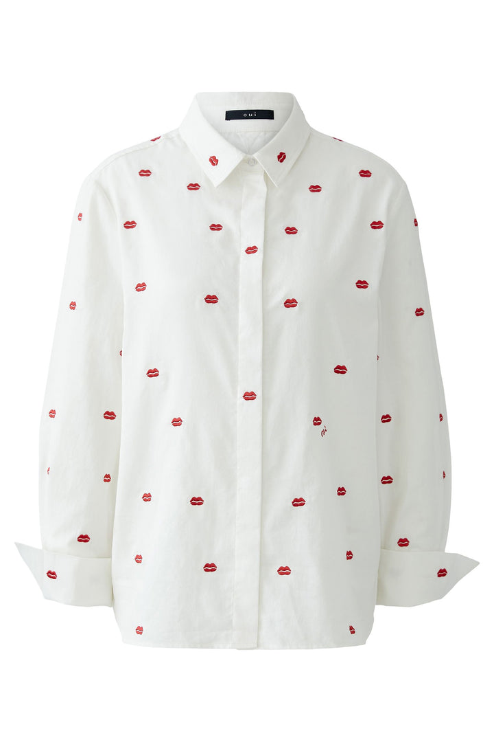 White shirt with red pattern on a white background