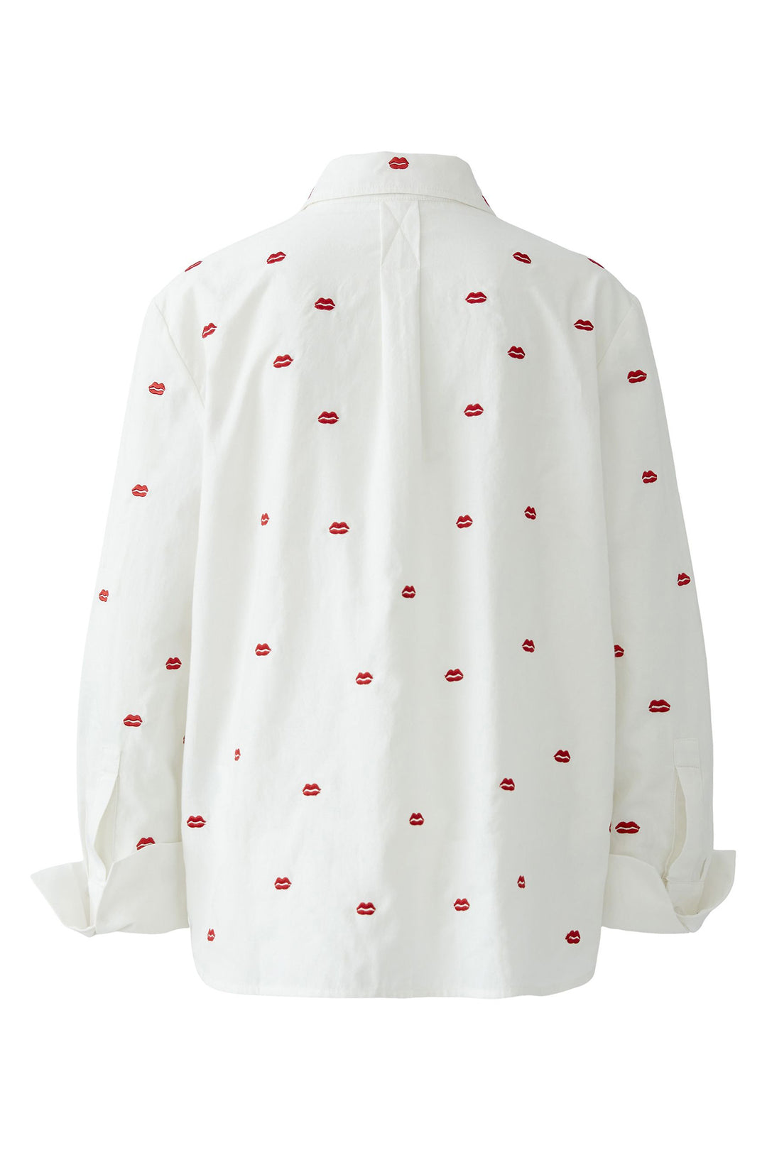 White blouse with red lip print on a white background