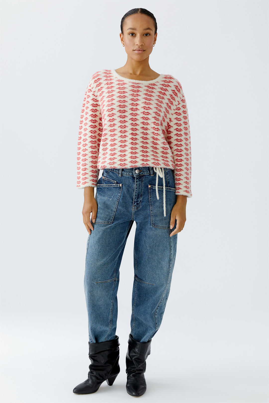 Oui 94626 White Red Lip Pattern Brushed Knit Jumper