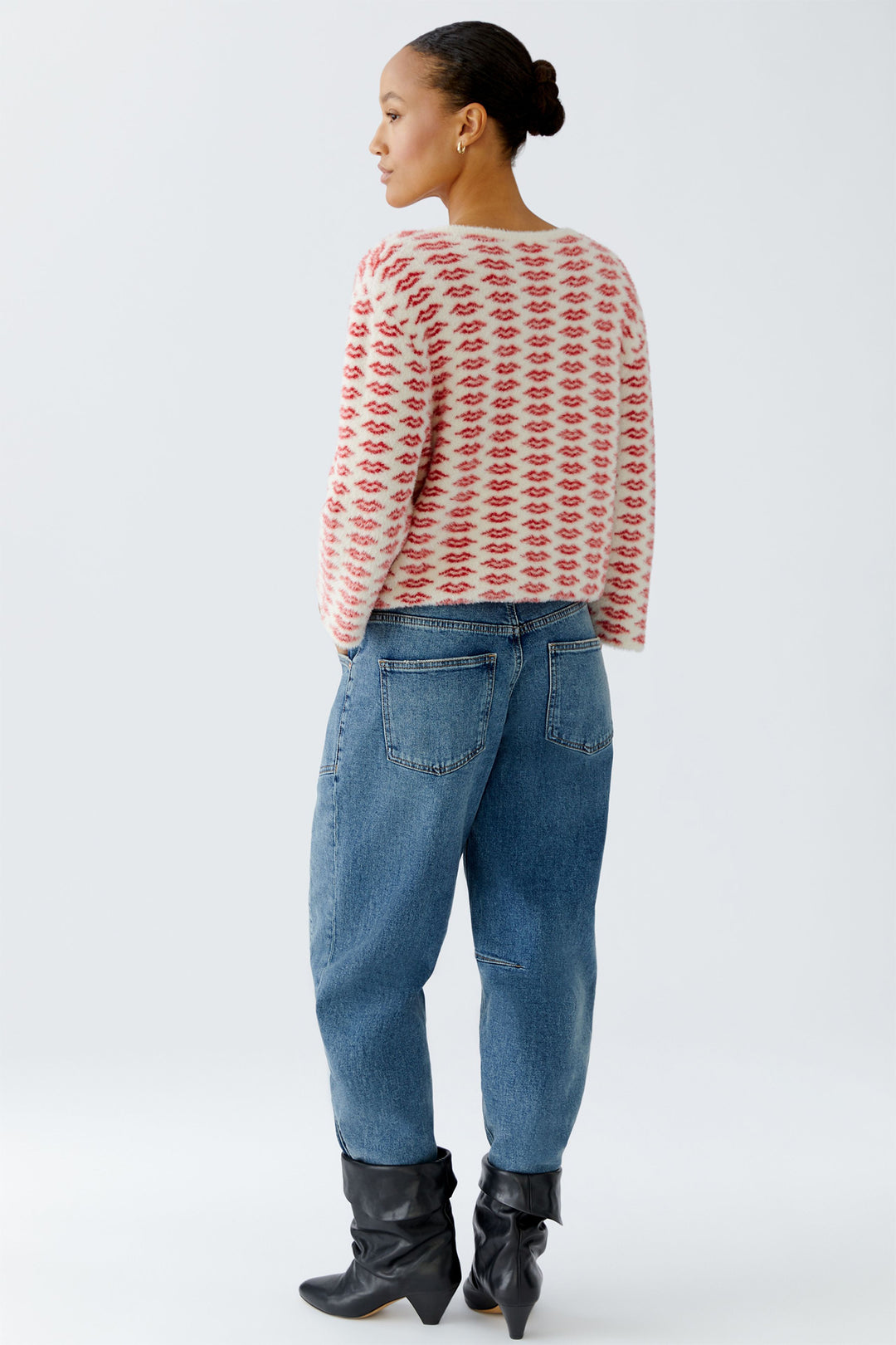 Oui 94626 White Red Lip Pattern Brushed Knit Jumper