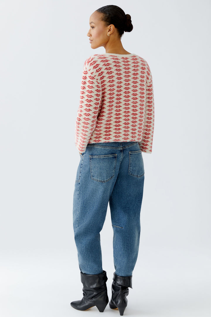 Oui 94626 White Red Lip Pattern Brushed Knit Jumper
