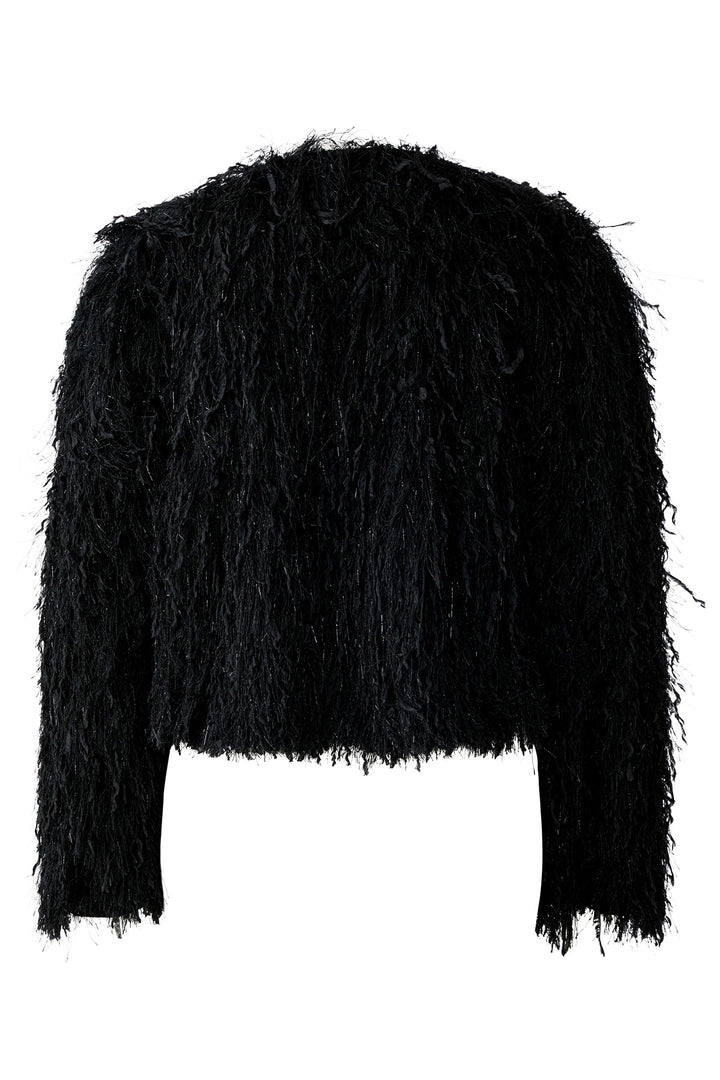 Oui 94821 Black Tie Neck Feather Effect Jacket 9990 - Olivia Grace Fashion