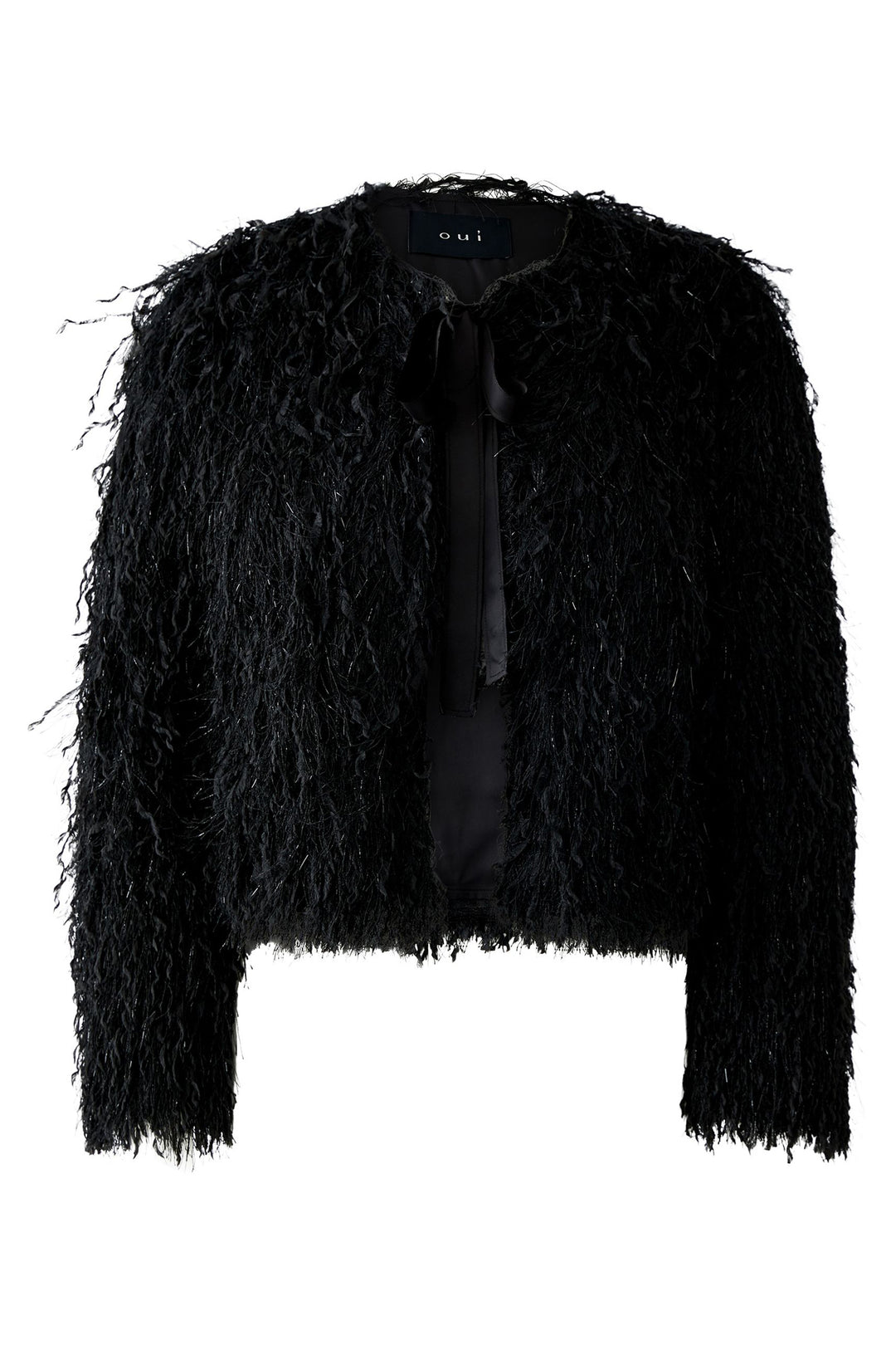 Oui 94821 Black Tie Neck Feather Effect Jacket 9990 - Olivia Grace Fashion