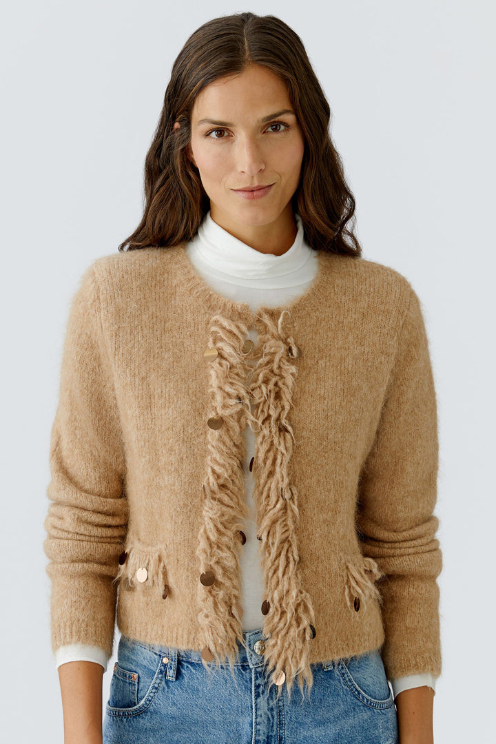 Oui 94837 Beige Melange Fringe Detail Cardigan 7459