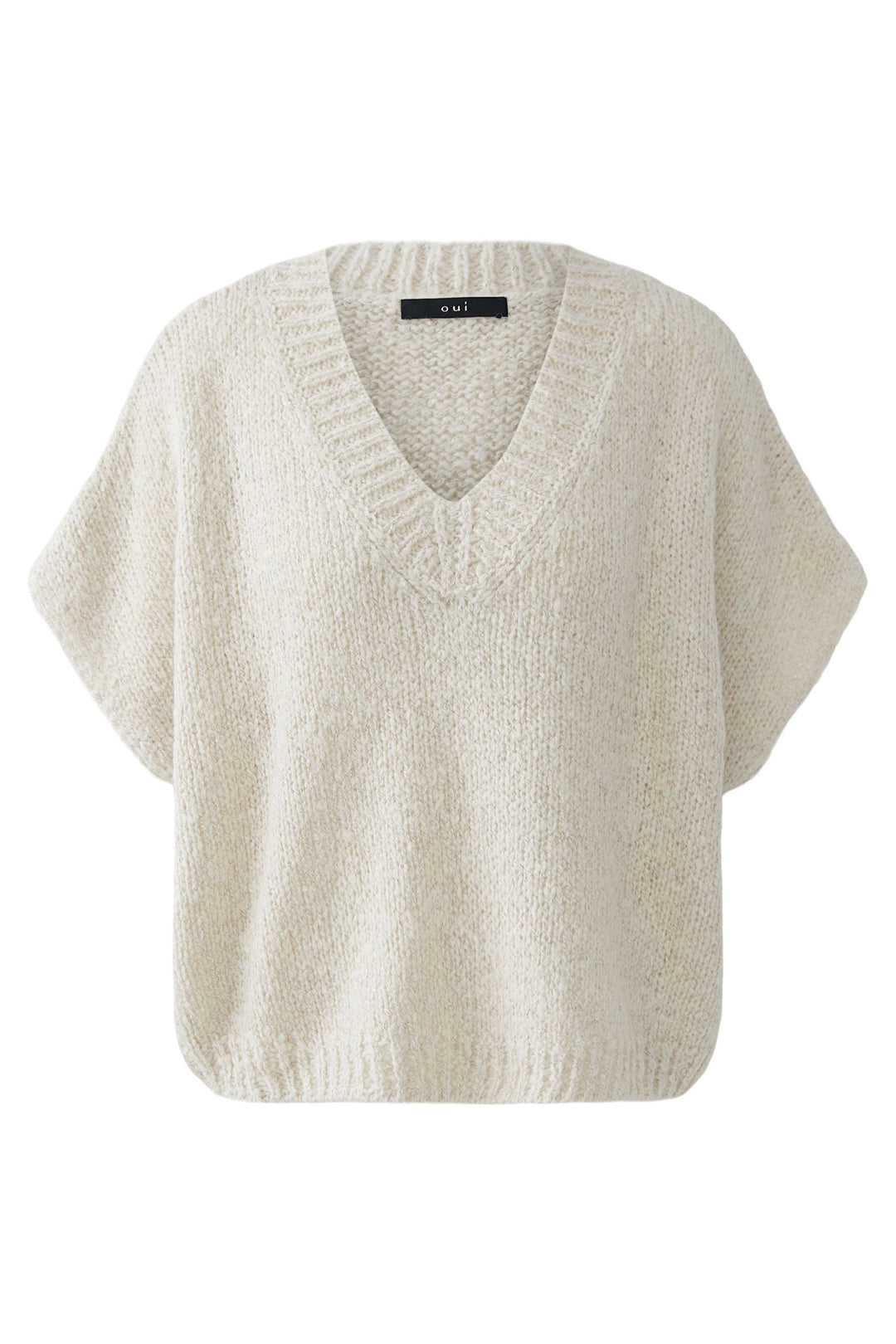 Oui 95030 Light Beige Melange V Neck Short Sleeve Jumper 7065 - Olivia Grace Fashion