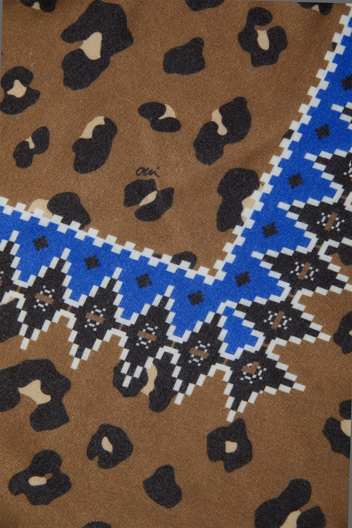 Oui 95621 Dark Camel Blue Print Triangular Scarf