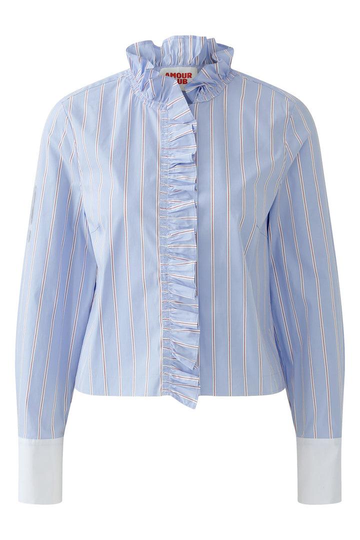 Oui 96070 Light Blue Rose Red Ruffle Blouse 0523