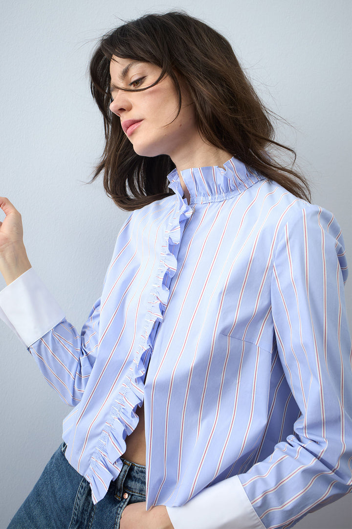 Oui 96070 Light Blue Rose Red Ruffle Blouse 0523