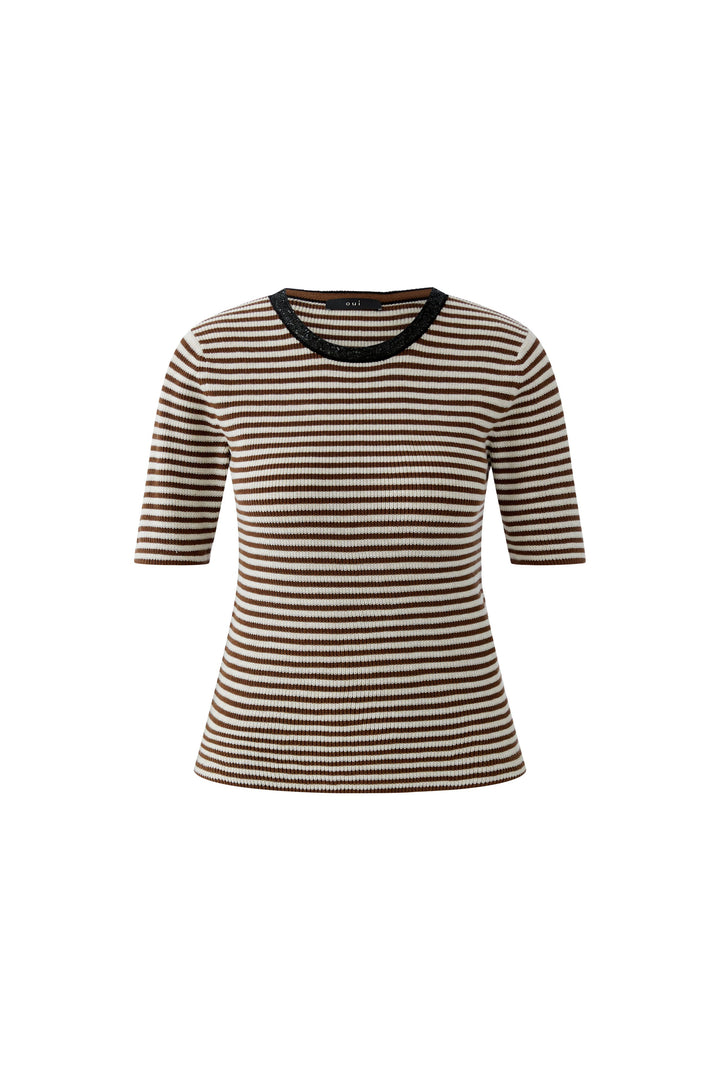 Oui 96490 Brown White Stripe Short Sleeve Jumper 0841