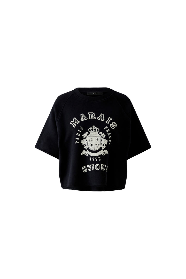 Oui 96552 Black Crest Motif Short Sleeve Sweatshirt