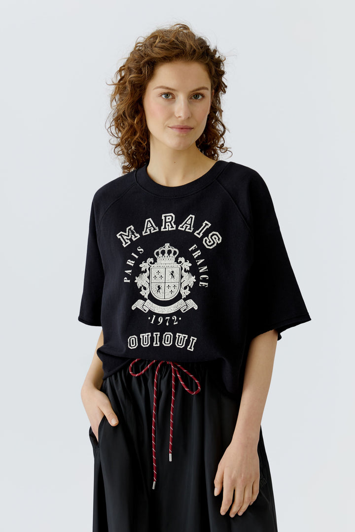Oui 96552 Black Crest Motif Short Sleeve Sweatshirt