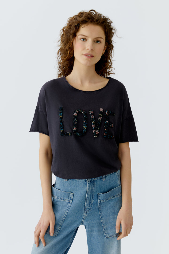 Oui 96685 Washed Out Black Love Petal T-Shirt 9960