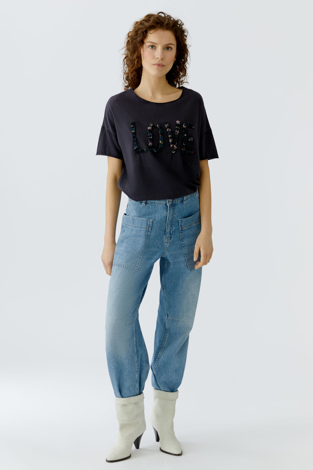 Oui 96685 Washed Out Black Love Petal T-Shirt 9960