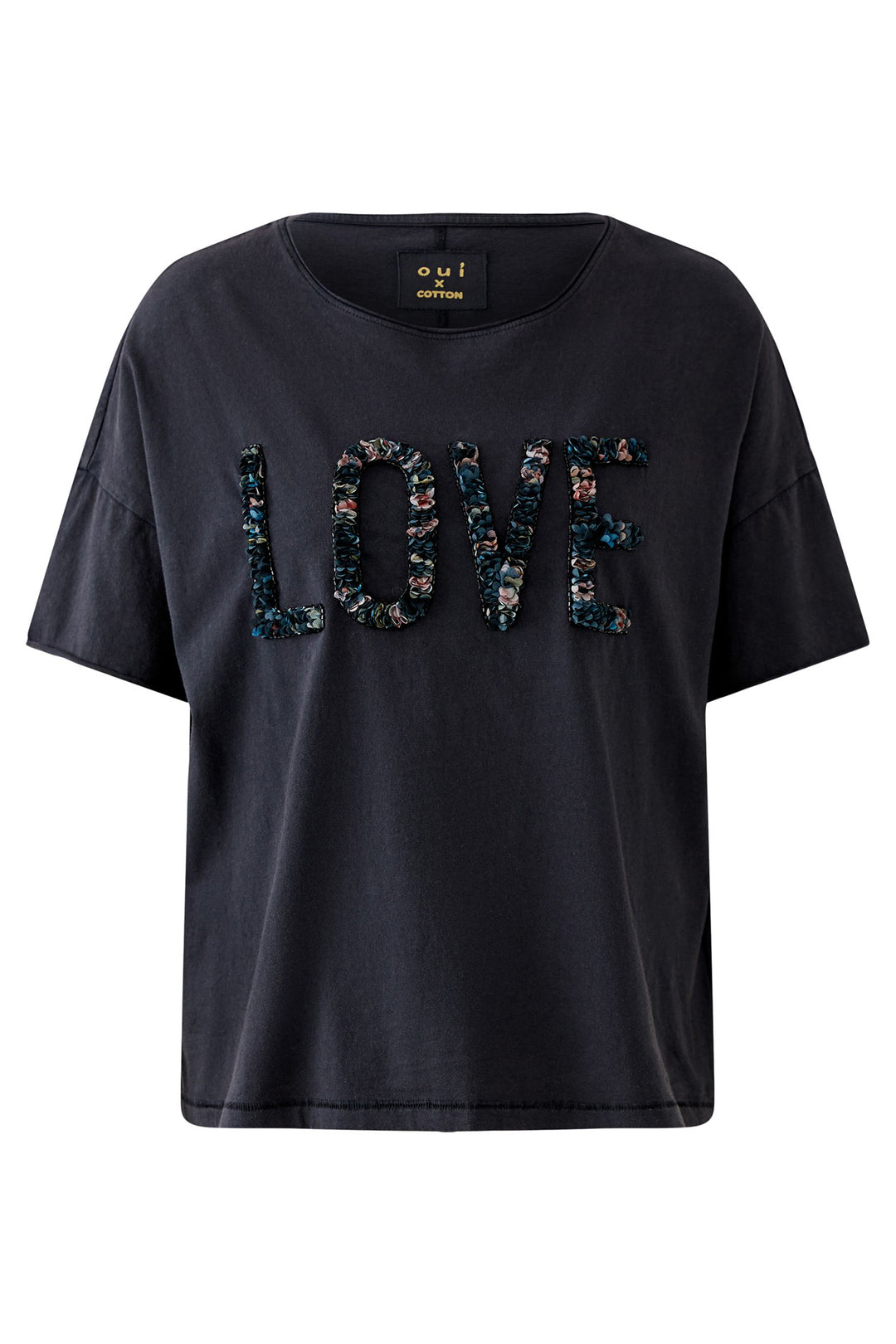 Oui 96685 Washed Out Black Love Petal T-Shirt 9960