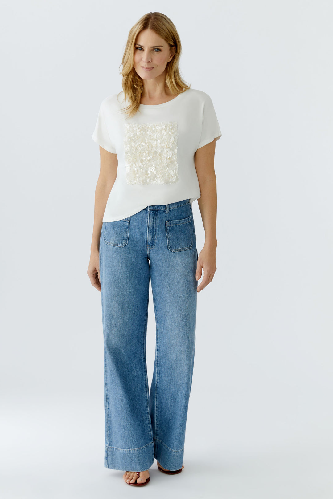 Oui 96686 Cloud Dancer White Sequin Square T-Shirt 1006