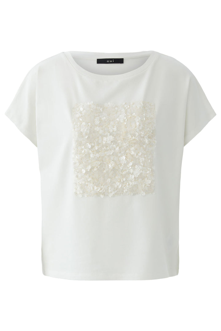 Oui 96686 Cloud Dancer White Sequin Square T-Shirt 1006