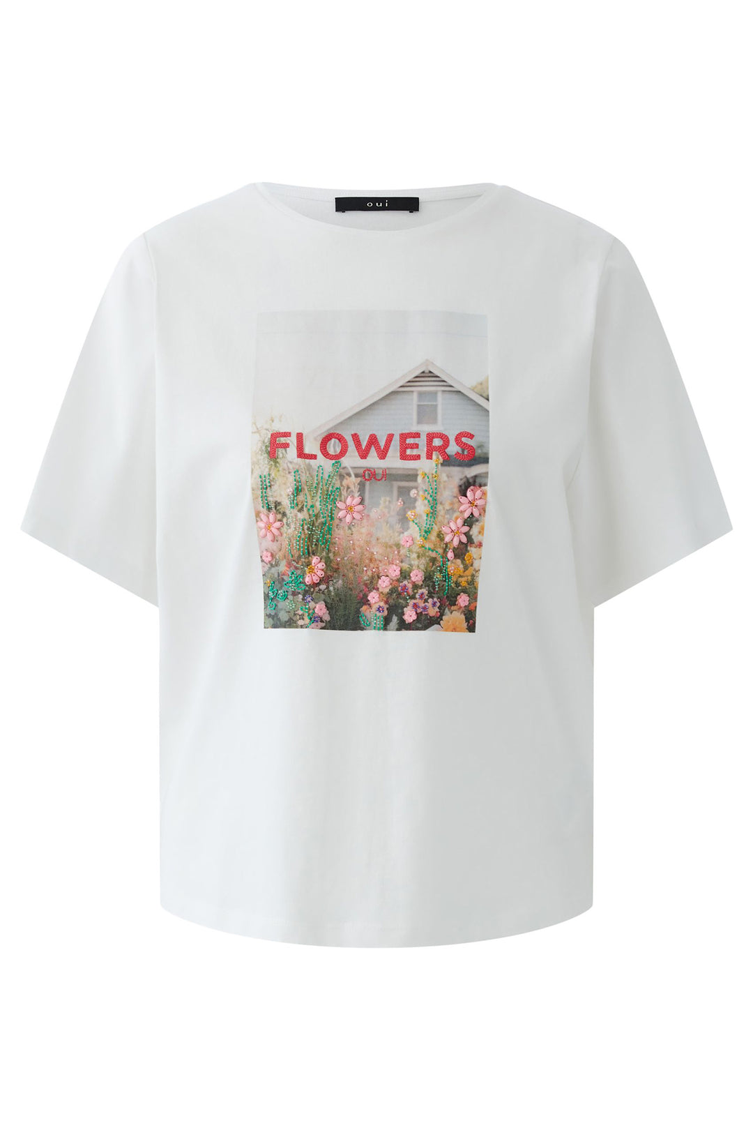 Oui 96687 Optic White Beaded Flowers Motif T-Shirt 1002