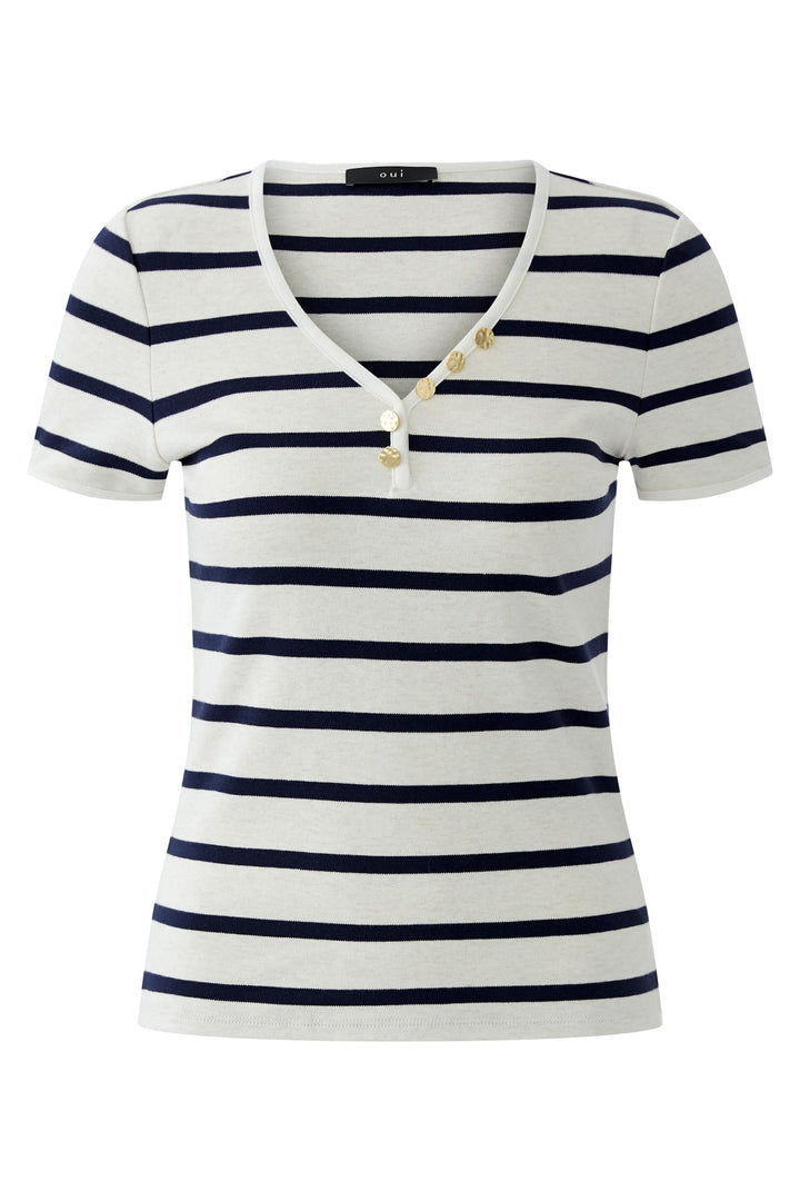 Oui 96692 White Navy Stripe V-Neck T-Shirt 0155