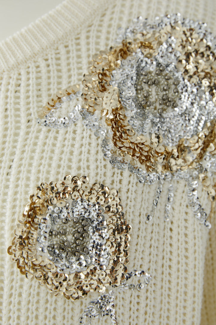 Oui 96753 Gardenia Cream Sequin Bloom Jumper 1018
