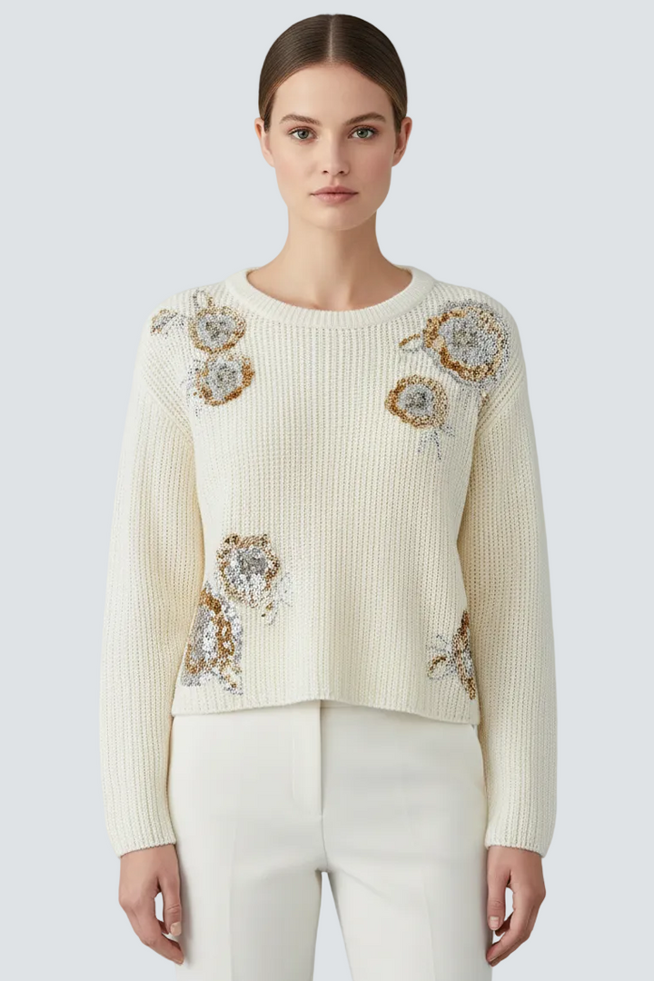 Oui 96753 Gardenia Cream Sequin Bloom Jumper 1018