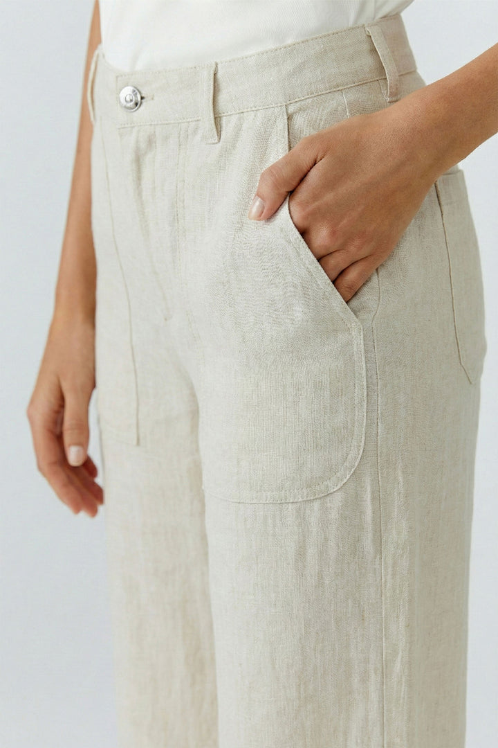 Oui 97141 Biscuit Beige Wide Leg Linen Trousers 7032
