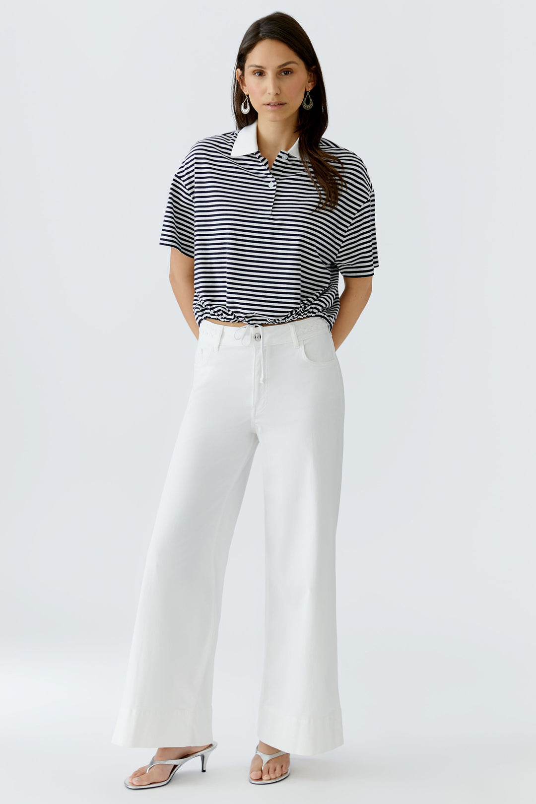 Oui 97193 White Blue Polo Shirt - Drawstring Waist
