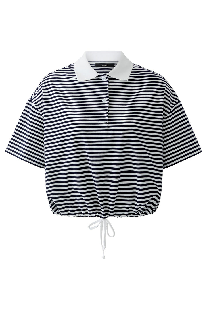 Oui 97193 White Blue Polo Shirt - Drawstring Waist