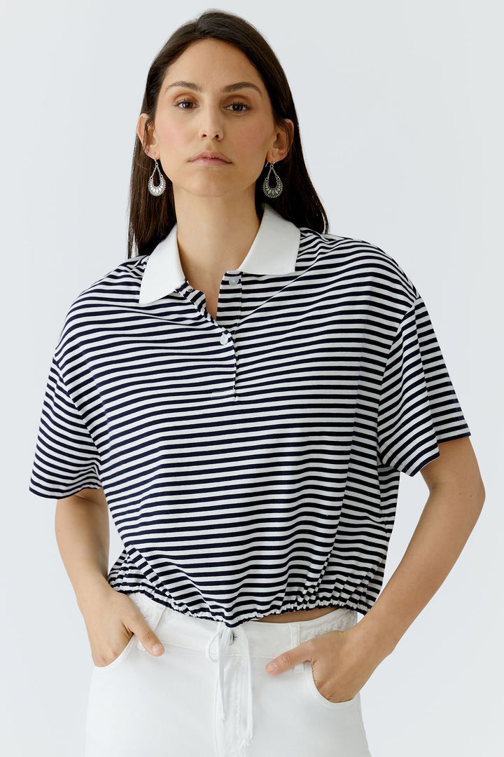Oui 97193 White Blue Polo Shirt - Drawstring Waist