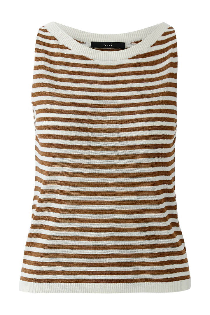 Oui 97280 White Brown Stripe Knitted Sleeveless Top
