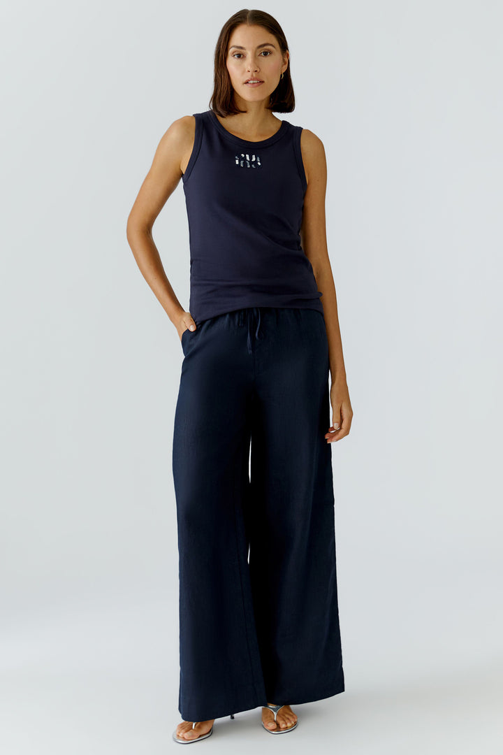 Oui 97284 Optic Dark Blue Oui Motif Vest Tank Top, full length front view on model