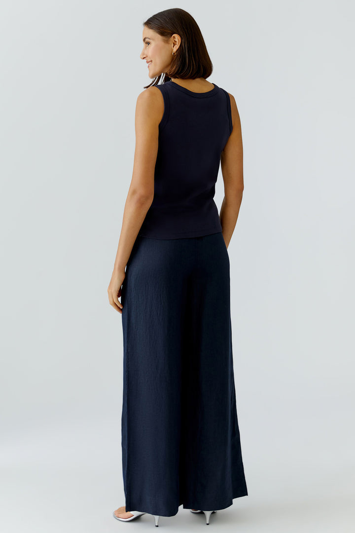 Oui 97284 Optic Dark Blue Oui Motif Vest Tank Top, full length back view on model