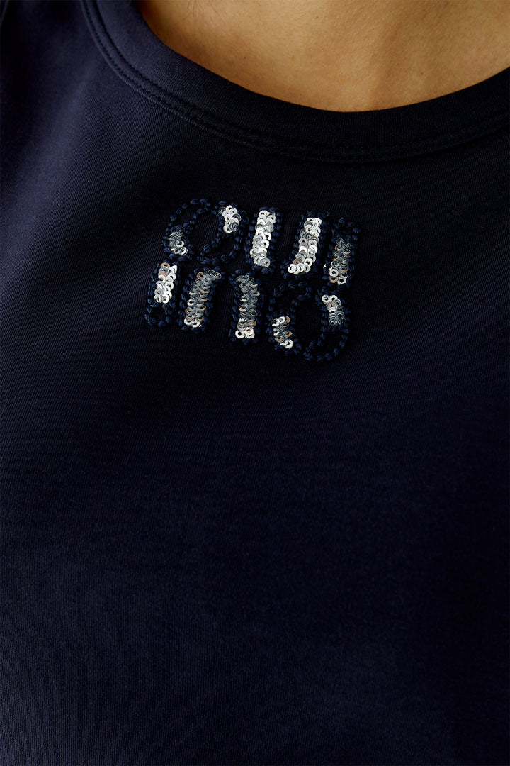Oui 97284 Optic Dark Blue Oui Motif Vest Tank Top, sequin motif detail on model