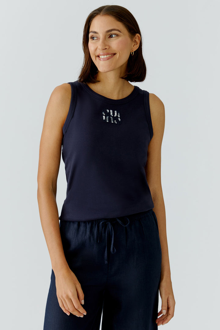 Oui 97284 Optic Dark Blue Oui Motif Vest Tank Top, front view on model