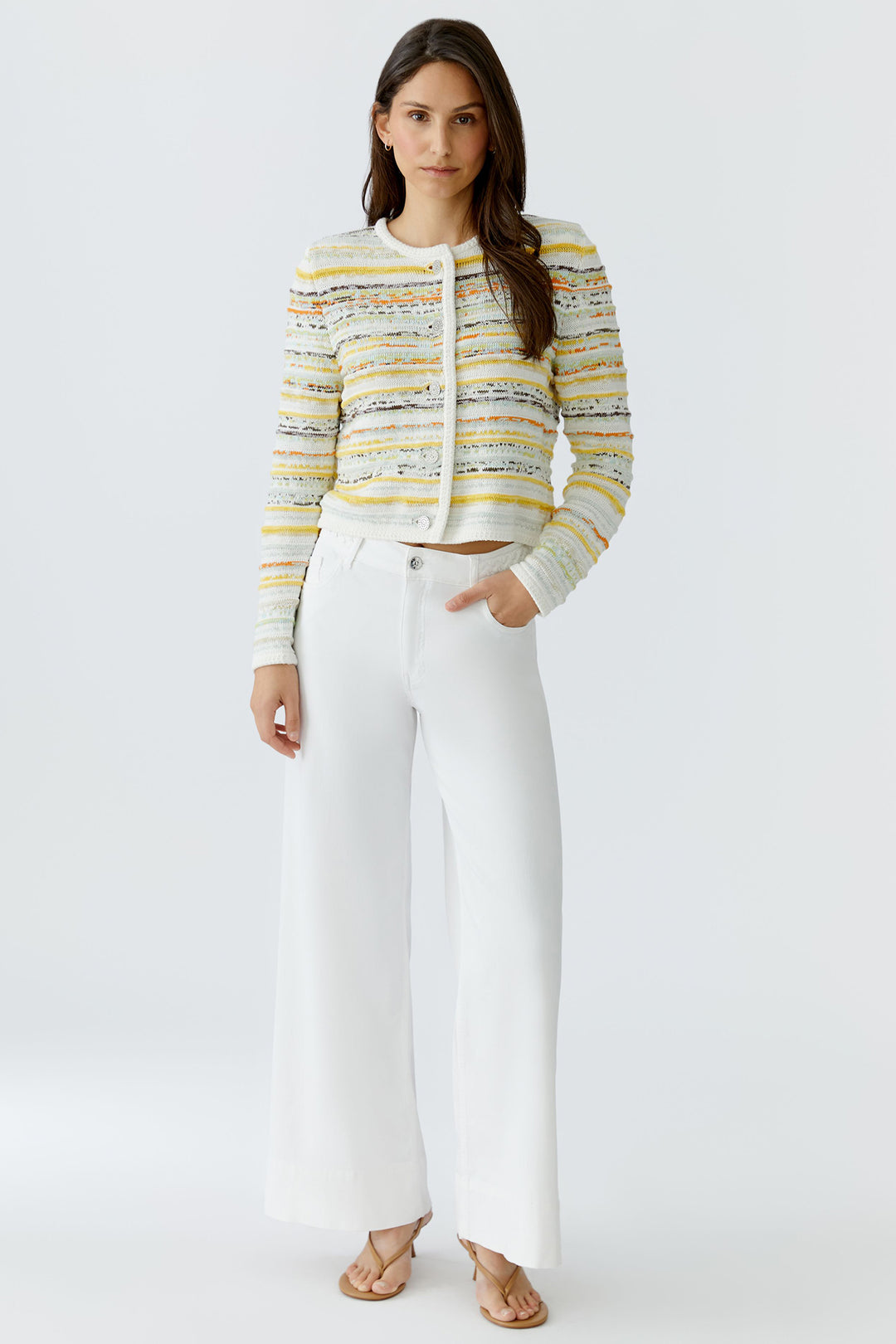 Oui 97327 White Yellow Stripe Cardigan