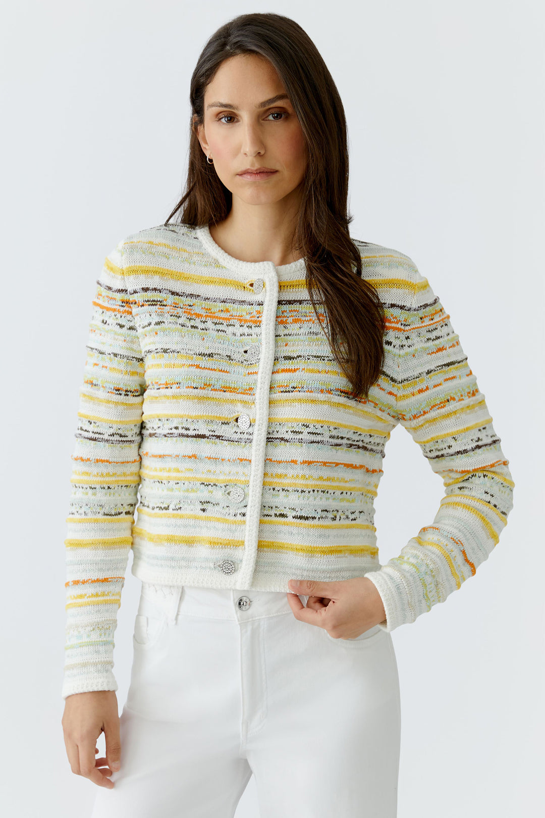 Oui 97327 White Yellow Stripe Cardigan