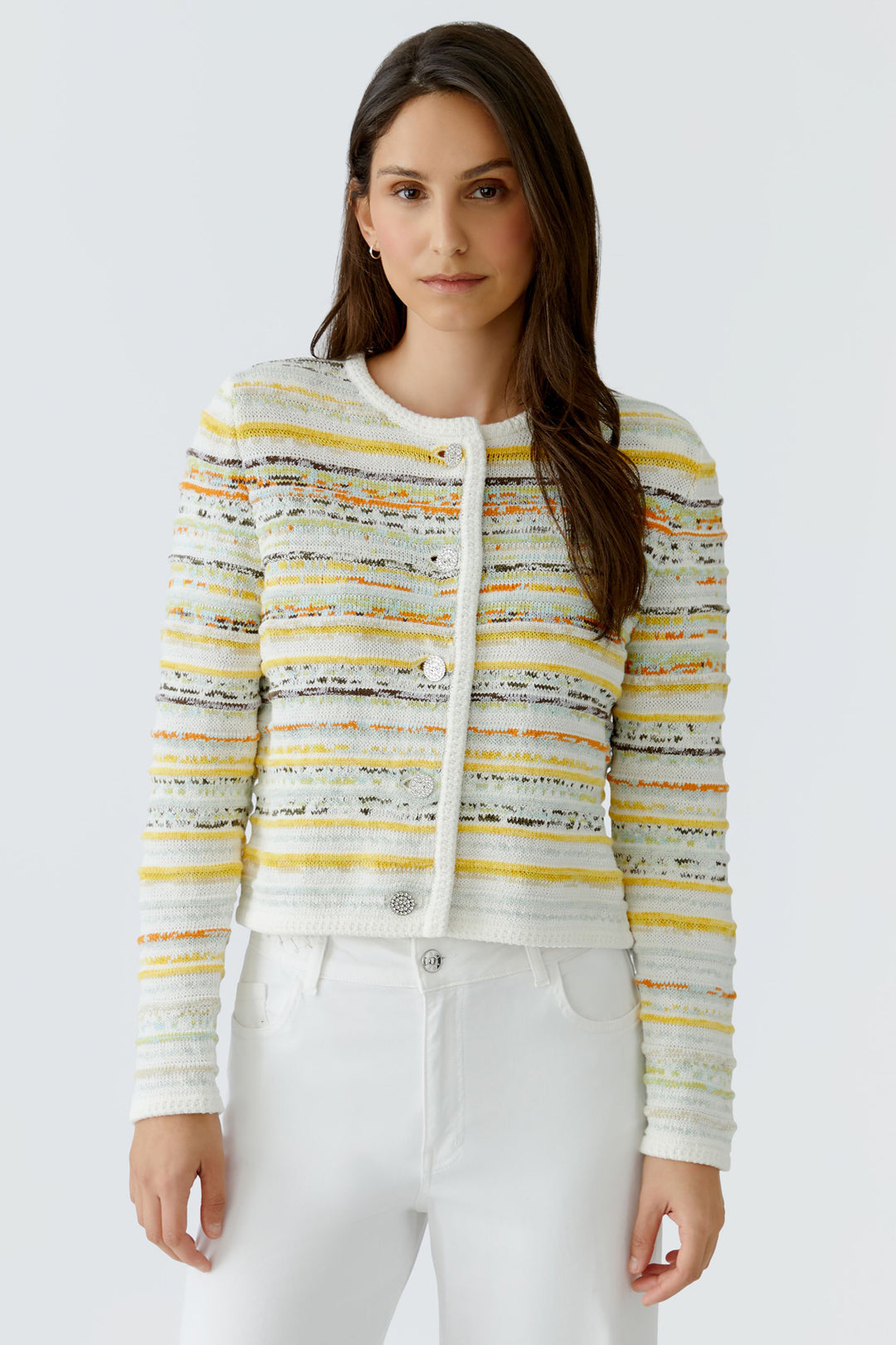 Oui 97327 White Yellow Stripe Cardigan