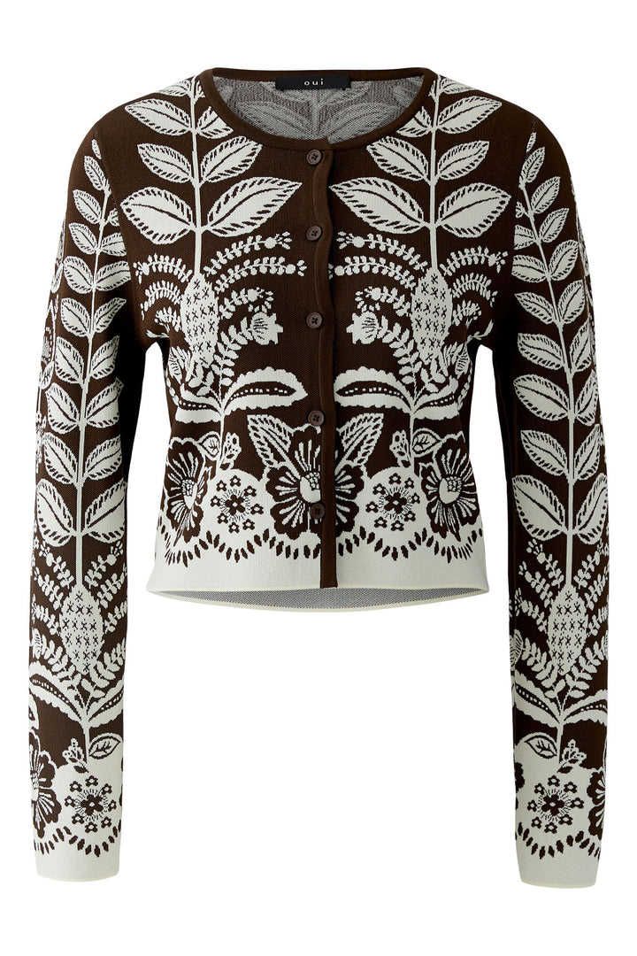 Oui 97486 Dark Brown Cardigan - Leaf Pattern