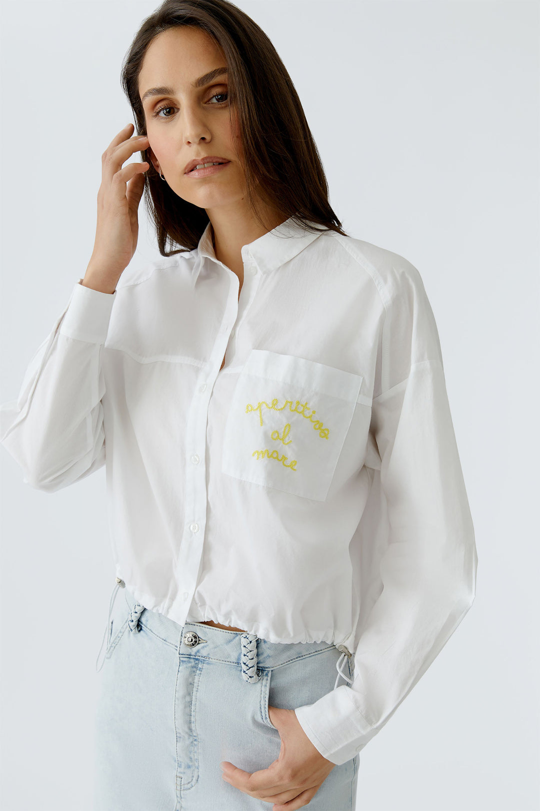 Oui 97538 Optic White Drawstring Waist Blouse
