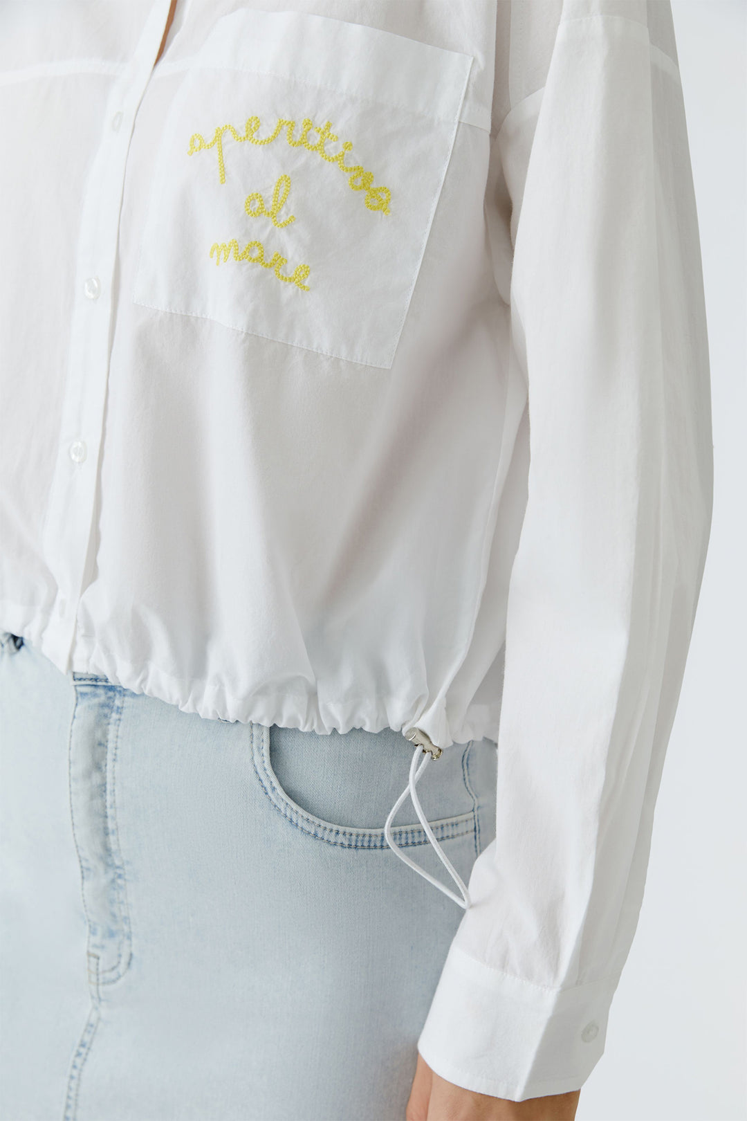 Oui 97538 Optic White Drawstring Waist Blouse